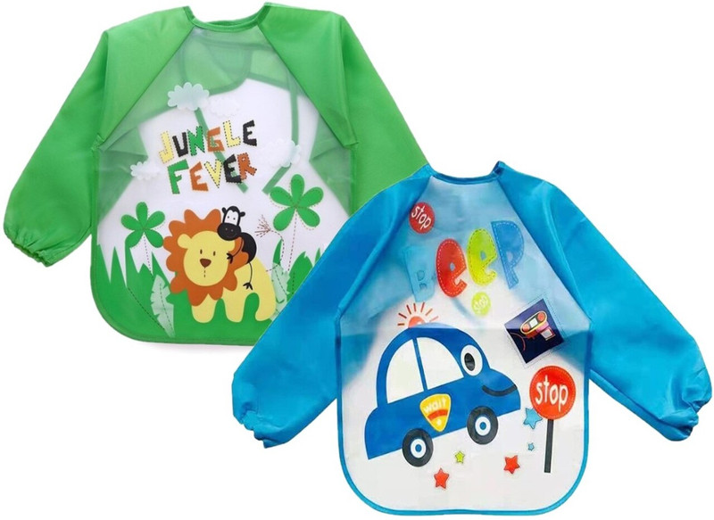 MOMSCAPE Full Sleeve Baby Bibs Waterproof Apron Colorful Bib Cute Cartoon Feeding Bibs(Blue, Green, Pack of 2)