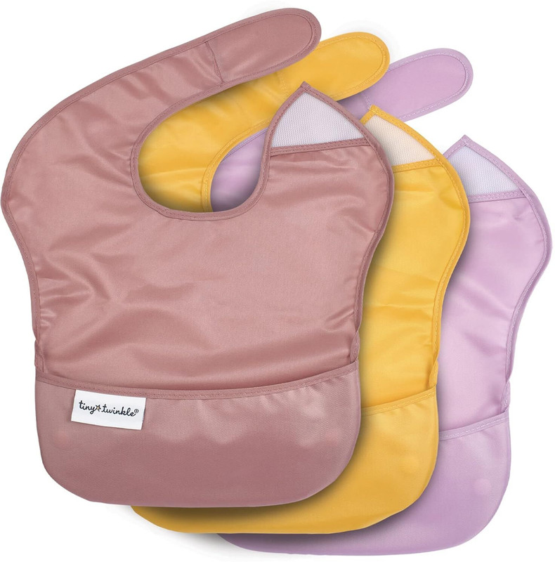 Tiny Twinkle Mess Proof, Waterproof Feeding Bib,(6-24 months) Great for Travel (Pack of 3)(Taupe Dandelion)