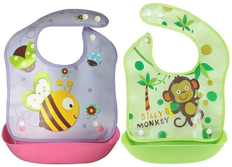 Goyoku Baby Silicone Waterproof Bib With Rice Pocket Pack of 2(Multicolor)