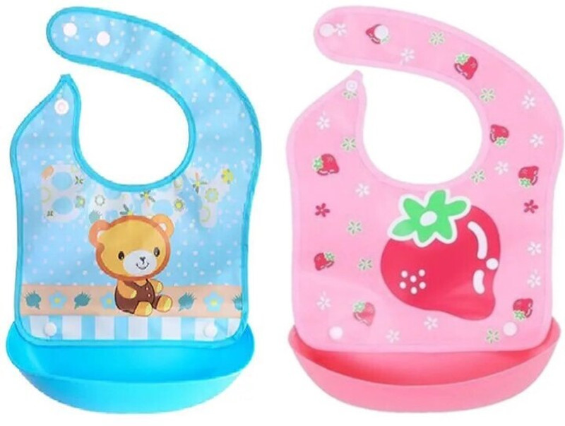 MOMSCAPE Waterproof Baby Silicon Bib for Feeding Infant with Detachable Food Catcher Tray(Blue, Pink)