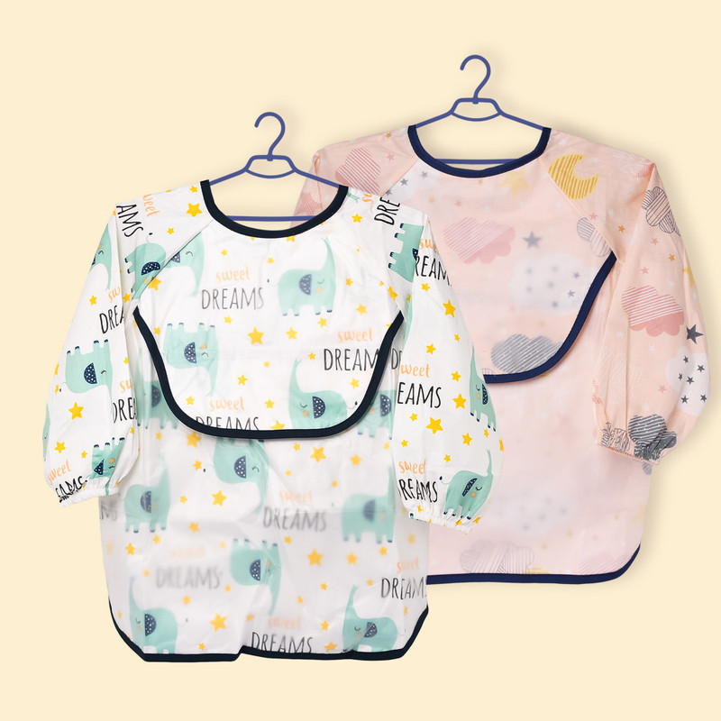 The Little Lookers Long Sleeved Bib with Pocket for Kids,Washable & Waterproof for 6-24 Months(Peach & Green)