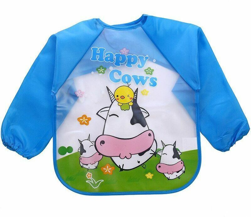 FIRST TREND Baby Bibs, Long-Sleeved Waterproof Children's Feeding Apron Cartoon Print Babies(Blue Cow)