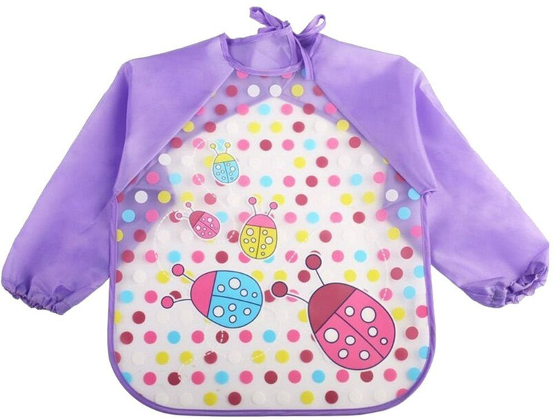 MOMSCAPE Full Sleeves Baby Feeding Bib Apron Washable Plastic Colorful Cartoon Long Bib(Purple)