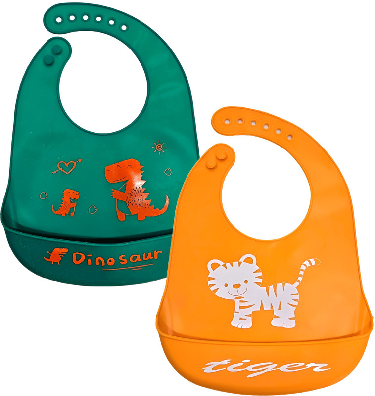 BRANDONN Baby Silicone bibs Feeding Babies & Toddlers waterproof washable apron bibs(Green & Orange)