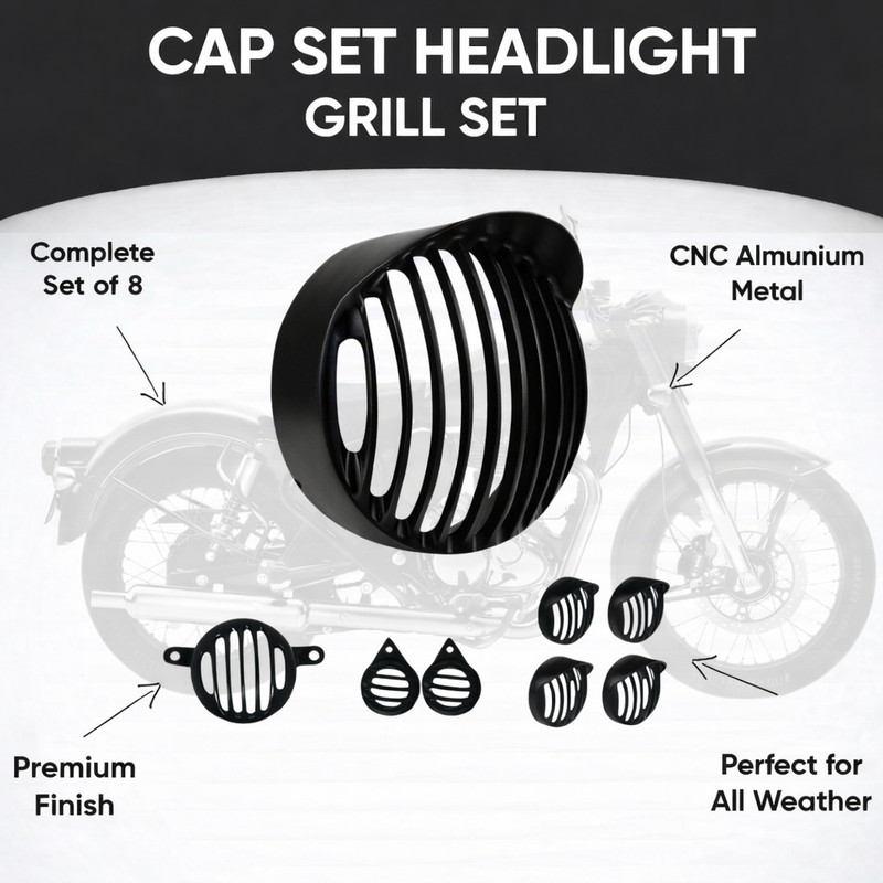 B.K Accessories Bike\Grill Set HeadLight Indicator&Tail Light for Old RE Classic Model Aluminium Bike Headlight Grill(Black)
