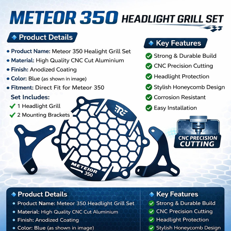 B.K Accessories Bike Head Light Grill Royal Laser Cutting Meteor Name Design For RE Meteor Model Bike Headlight Grill(Black)
