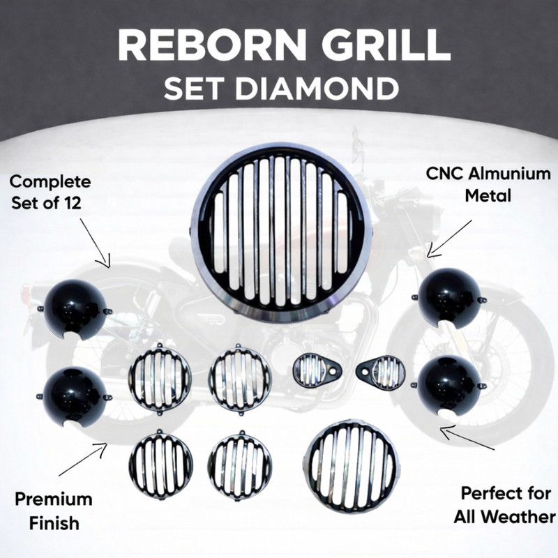 B.K Accessories Bike Grill Set Diamond for RE Reborn Model Aluminium Bike Headlight Grill(Black, Steel)