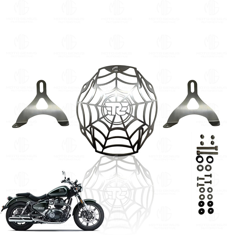 Moto Genius Headlight Grill Guard for RE Super Meteor 650 | Stainless Steel (Spider Design) Bike Headlight Grill(Silver)