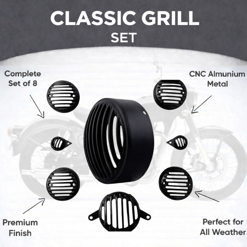 B.K Accessories Bike\Grill-Set HeadLight Indicator&Tail Light for Old RE Classic Model Aluminium Bike Headlight Grill(Black)