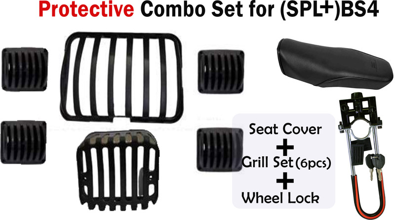 Generox Protect Combo Set (UP Leather Seat Cover,Wheel Lock,Grill Set) for SPL+ Bike Headlight Grill(Black)