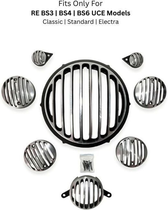 EAZ CNC Headlight & Indicator Grill Set for RE UCE BS3 BS4 BS6 Models Bike Headlight Grill(Silver)