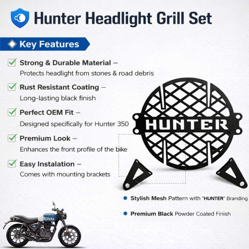 FATHER AUTO Bike-Head Light Grill Royal Laser Cutting Hunter Name Design For RE Hunter Model Bike Headlight Grill(Black)