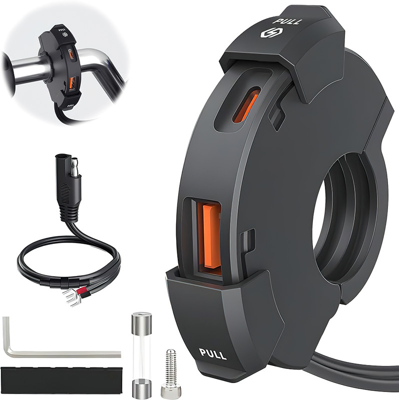 Wiska 12V-24V Bike Mobile Charger Fast Charging Dual Type C 30W, 18W USB 3 motorcycle 3 A Bike Mobile Charger