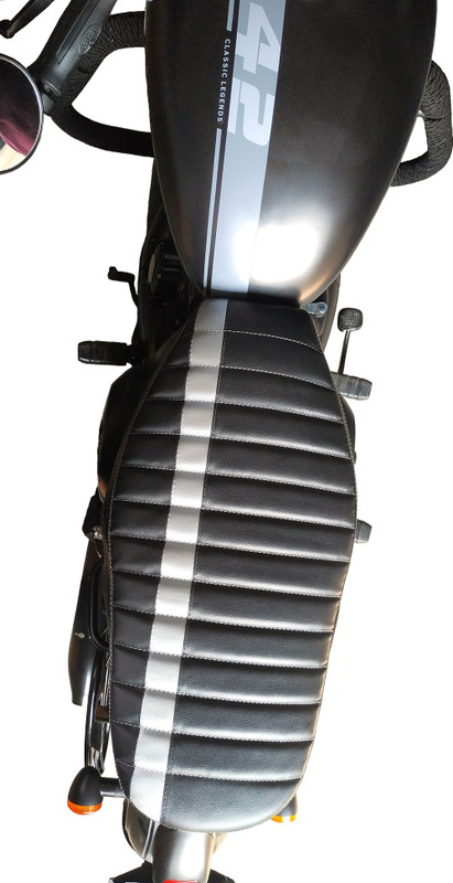 AUTOLEO JAWA 42 SEAT COVER 10 mm CUSHIONING WITH WHITE SILVER STRIP Single Bike Seat Cover For Jawa 42