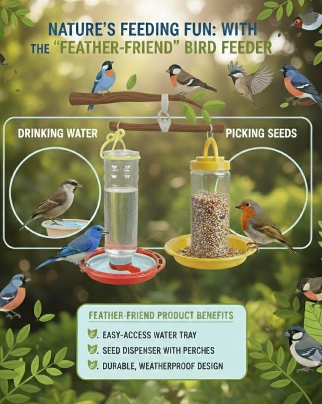KHODIYAR PLASTIC Feather-Friend Dual Combo: Hanging Bird Water Feeder & Seed Food Dispenser Window Bird Feeder(Multicolor)