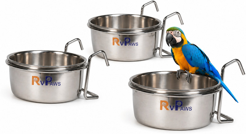 Rvpaws 250ML 2Pcs Stainless Steel Bird Coop Cup with Clamp Holder Bird Cage Feeder Bowl Window Bird Feeder Bird Feeder(Silver)