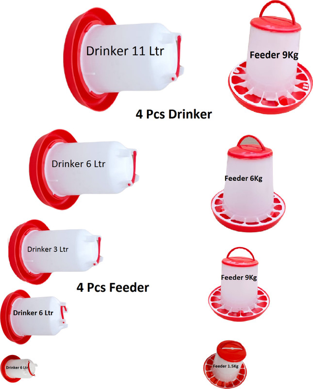 TM&W Drinker 1.5 L 3 L 6 L 11 L=Total=4, Feeder 1.5kg 3 kg 6kg 9 kg Total 4 pcs Pole Mount Bird Feeder(Red, White)
