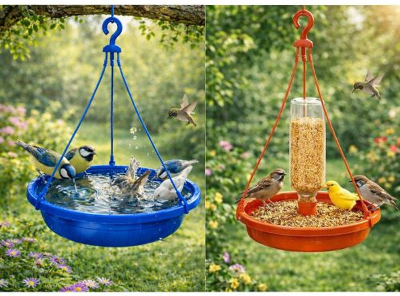 SHIVYANSH 2 ENTERPRISE Hanging Bird Feeder & Bird Bath for Garden Plastic Feeding Tray with Water Bowl Window Bird Feeder Bird Feeder(Red, Yellow)