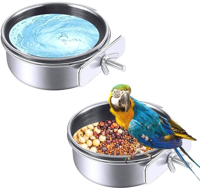 Rvpaws 250ML 2Pcs Stainless Steel Bird Coop Cup with Clamp Holder Bird Cage Feeder Bowl Window Bird Feeder Bird Feeder(Silver)