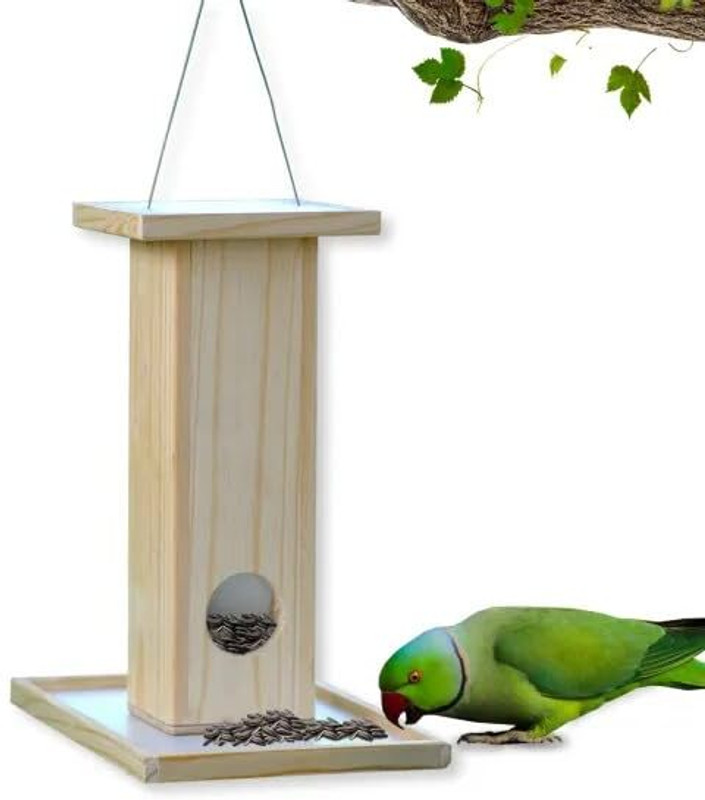 AMIJIVDAYA Wooden Hanging Gravity Seed Feeder | Parrot Feeder for Outdoor Use | Platform Bird Feeder(Beige)
