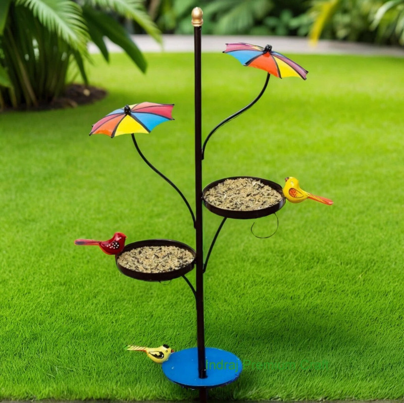 Indraj Premium Craft Decorative Metal Bird Feeder Stand Water Bowl & Dual Feeding Trays, Garden Decor Ground Bird Feeder(Multicolor)