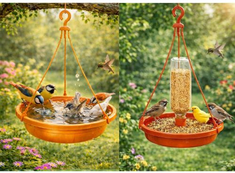 SHIVYANSH 2 ENTERPRISE Hanging Bird Feeder & Bird Bath for Garden Plastic Feeding Tray with Water Bowl Window Bird Feeder Bird Feeder(Red, Blue)