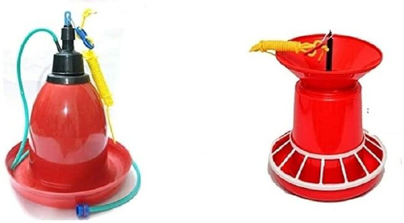 Priash Poultry Equipment Automatic Classic Drinker & Plastic Semi Automatic Nova Feeder Ground Bird Feeder(Red)
