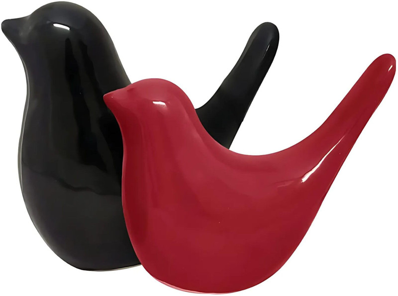 CraftVatika Red Black Ceramic Birds Figurine Set for Home Decor, Table & Office Decor Blue Bird Bird Feeder(Red, Black)