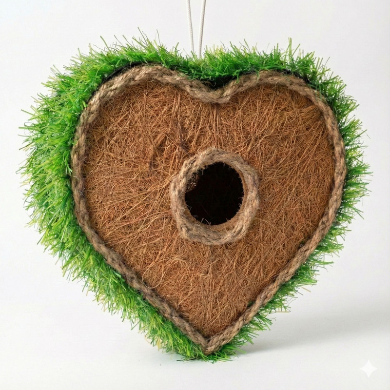Smiara The Love Nest - Heart Shaped Handcrafted Wooden Bird House with Grass Roof Bird House(Hanging, Tree Mounting, Wall Mounting)