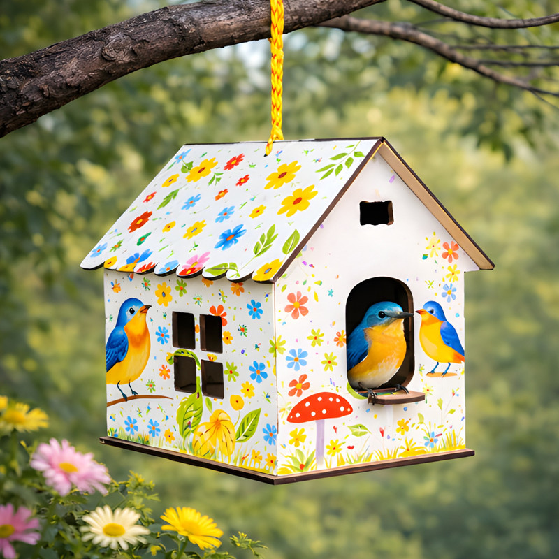 KARNI ART Decorative Wooden Bird House Colorful Painted Hanging Nest Outdoor Garden Bird House(Hanging)