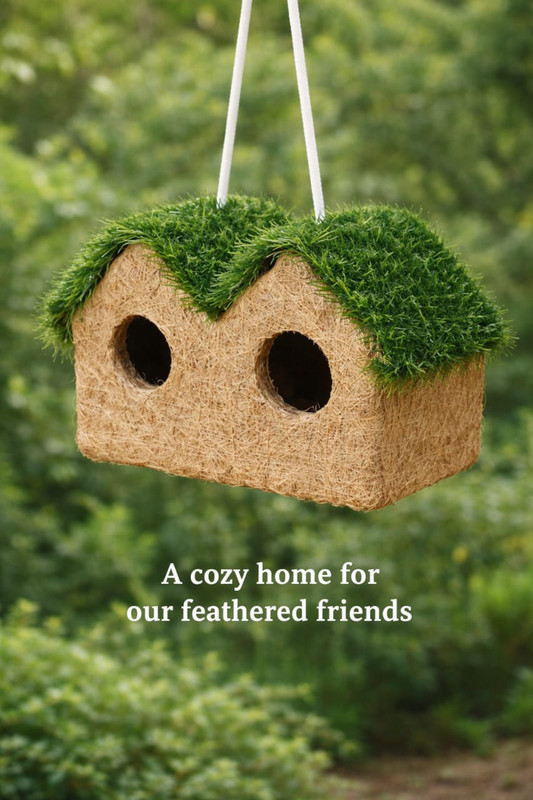 vyomira Hanging Double Birdhouse with Grass Roof Eco Friendly Garden Nest Decor Bird House(Hanging)