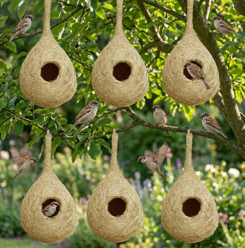 Muddstyles Natural Soft Round Organic Bird Safe Handmade Hanging Nest Pack 5 Bird House(Hanging, Tree Mounting)