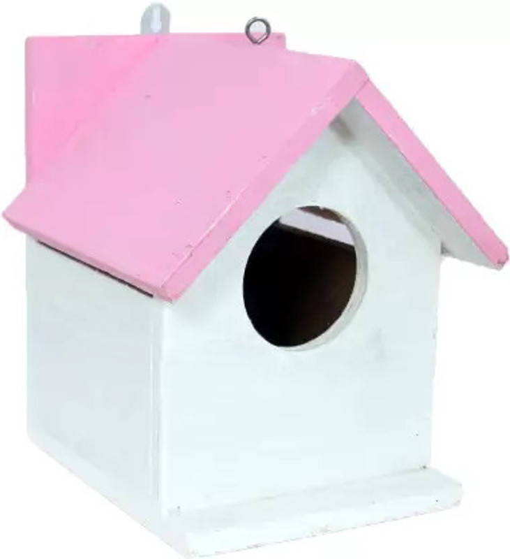 GO7 Wooden Bird House Pink & White Bird House(Hanging)