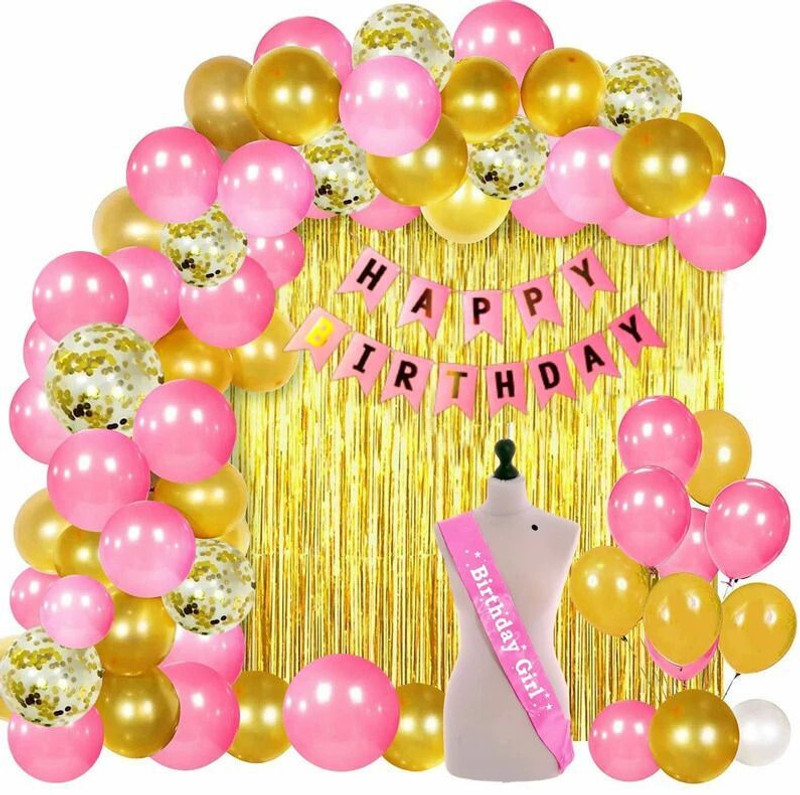 LOONS PEDDLER Paper Birthday Decoration Kit For Girls (Pink)(Set of 39)