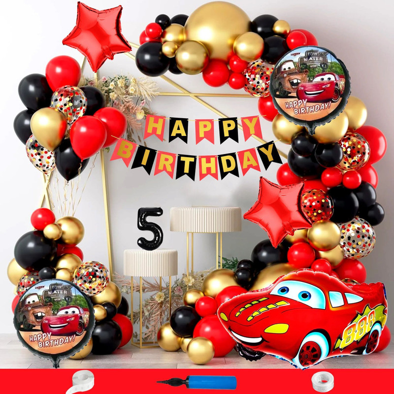 Choice Corner 5th Happy Birthday Decoration Combo Car Theme Kit With Metallic Balloons & Arche(Set of 90)