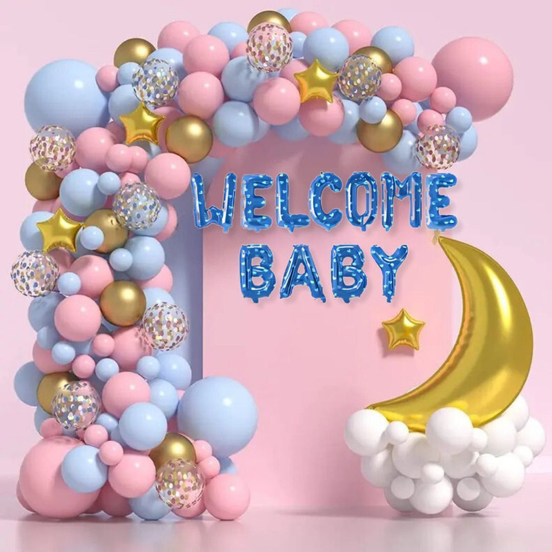 DECOR SPARKS 75Pcs Blue Pink Pastel Welcome Baby Decoration Set with Moon, Stars & Banner