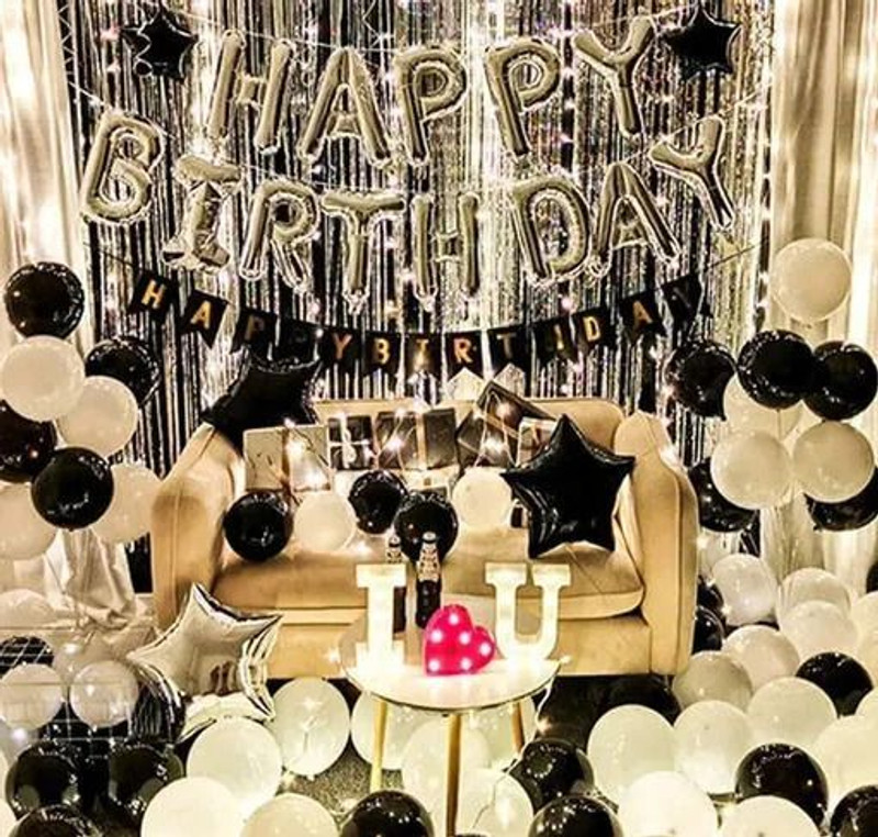 PARTY MIDLINKERZ White & Black Theme Birthday Decoration Items Set Kit for WIfe, Husband, Kids(Set of 36)