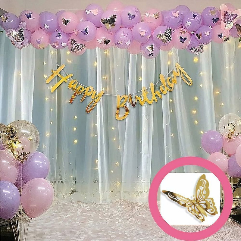 FOOGAA Birthday Decorations Pack of baby Pink Purple Balloons with 3D Butterfly Net LED(Set of 1)