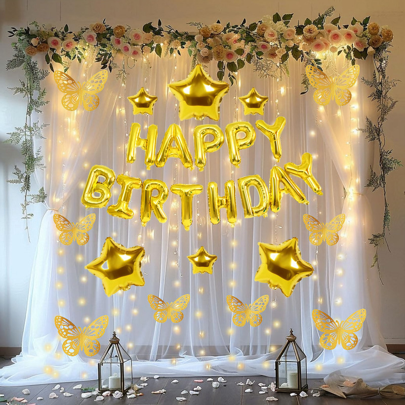 ANILOONS Shining Golden Birthday Net Decoration Items Kits - 3D Butterfly(Set of 24)