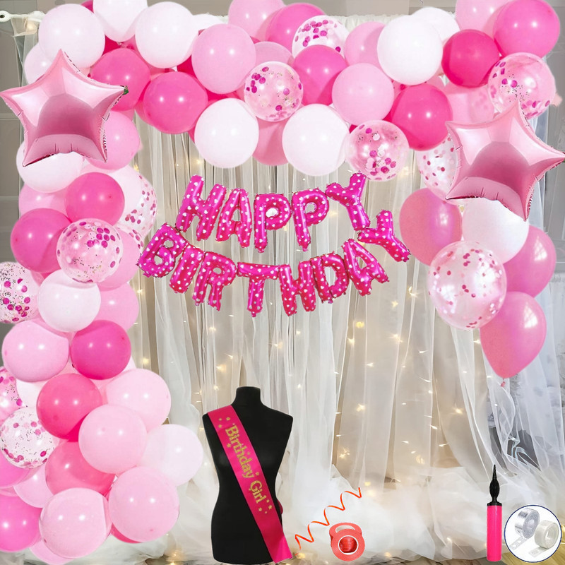 ANILOONS Florid Birthday Decoration Kit for Girls - Satin Birthday Girl Sash, Net Curtain(Set of 79)