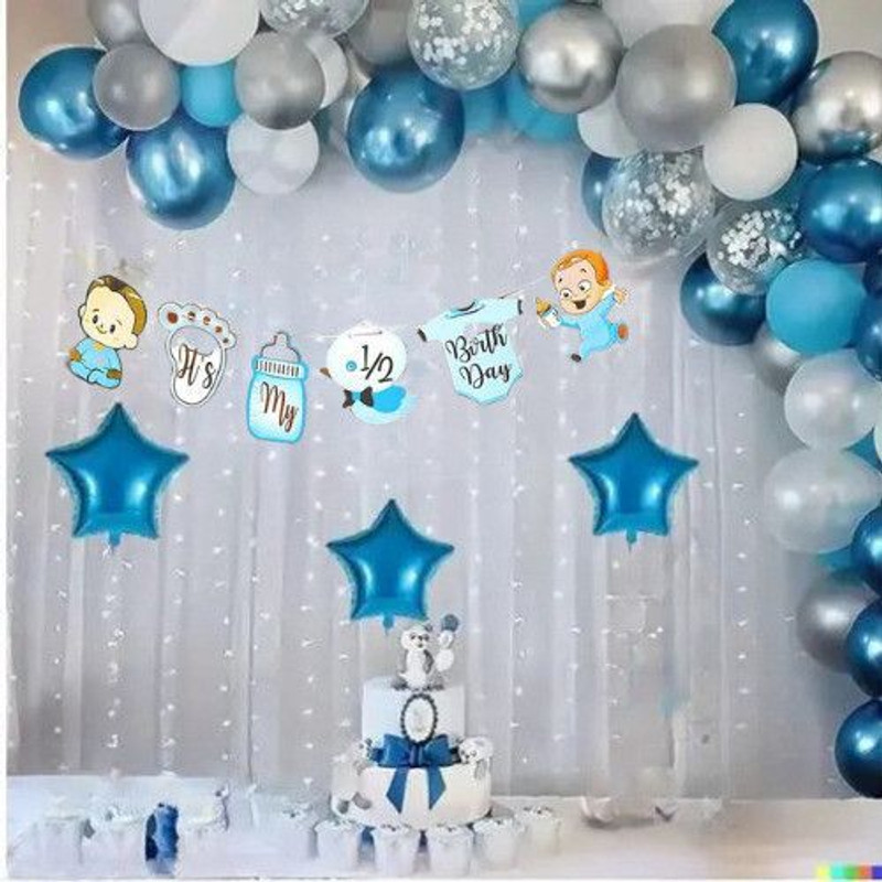 KHUSHDIN 53pcs 6Months Birthday Kit with Half Banner & Dark Blue, Silver, White Balloons