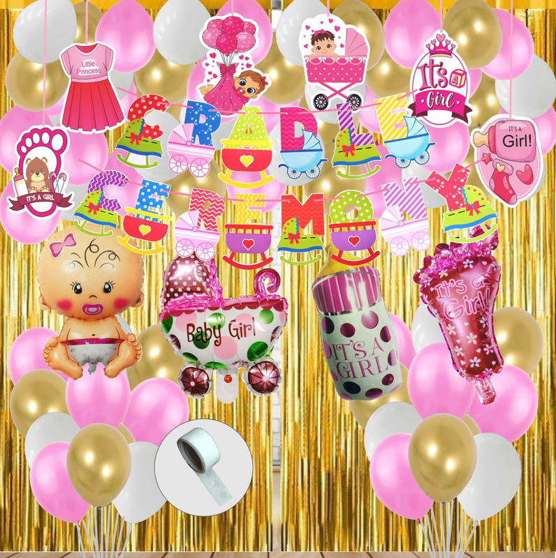 Agk Cradle Ceremony Decoration Item For Baby Girl, Balloon, Bunting Banner, Curtain(Set of 57)