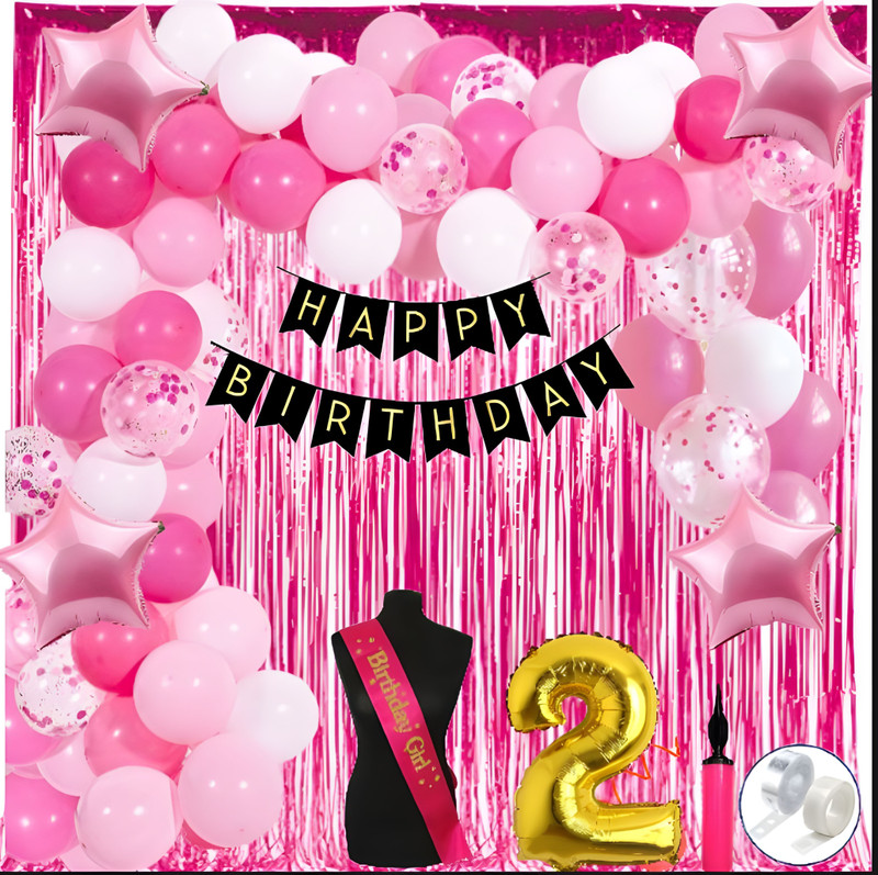 groovy dudz 2nd Adorning Pink, White Metallic Pastel Pink Birthday Decoration for Girls.(Set of 68)