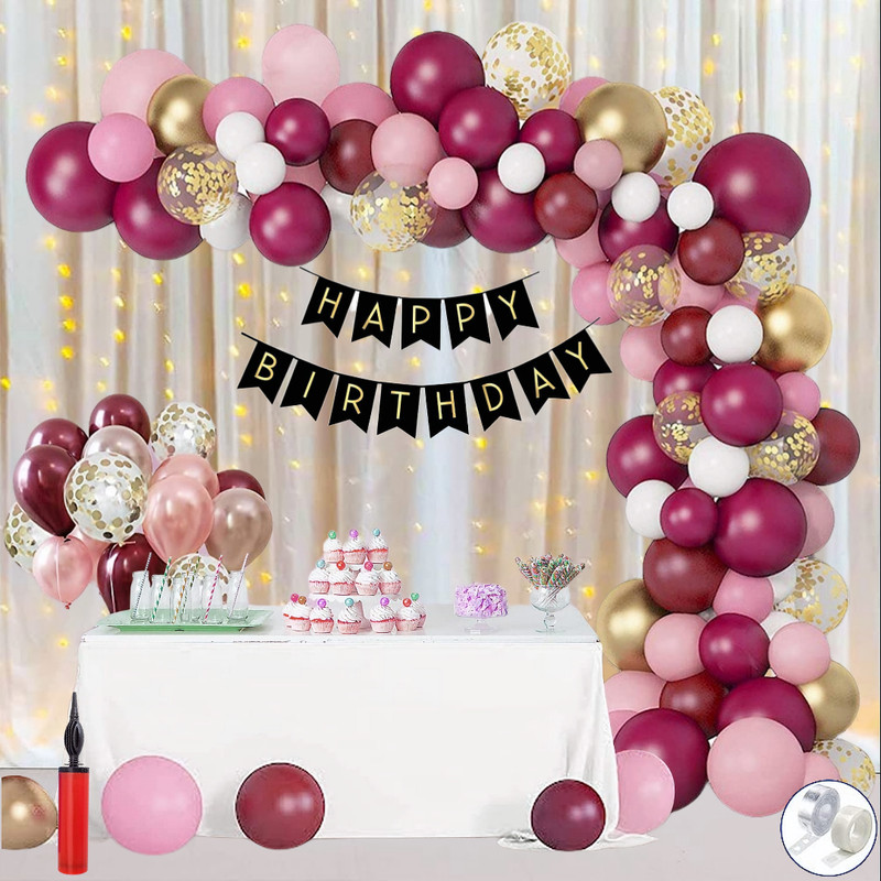 ANILOONS Florid Birthday Decoration Kit for Girls - Burgundy White & Pink Pastel(Set of 74)