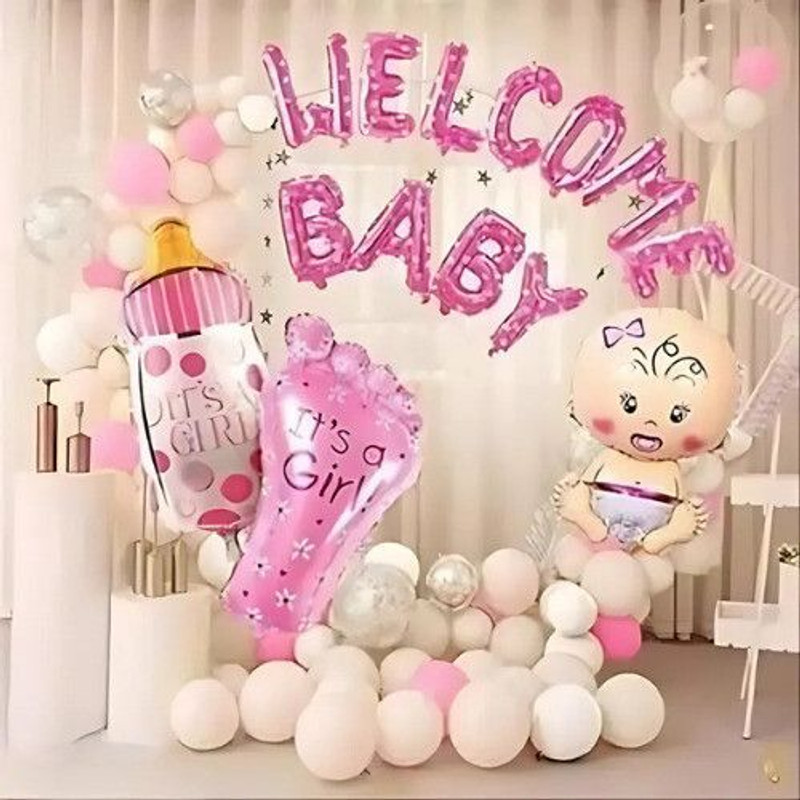 DECOR SPARKS 34Pcs Welcome Baby Blue Theme Decoration Kit with Balloons & Curtains