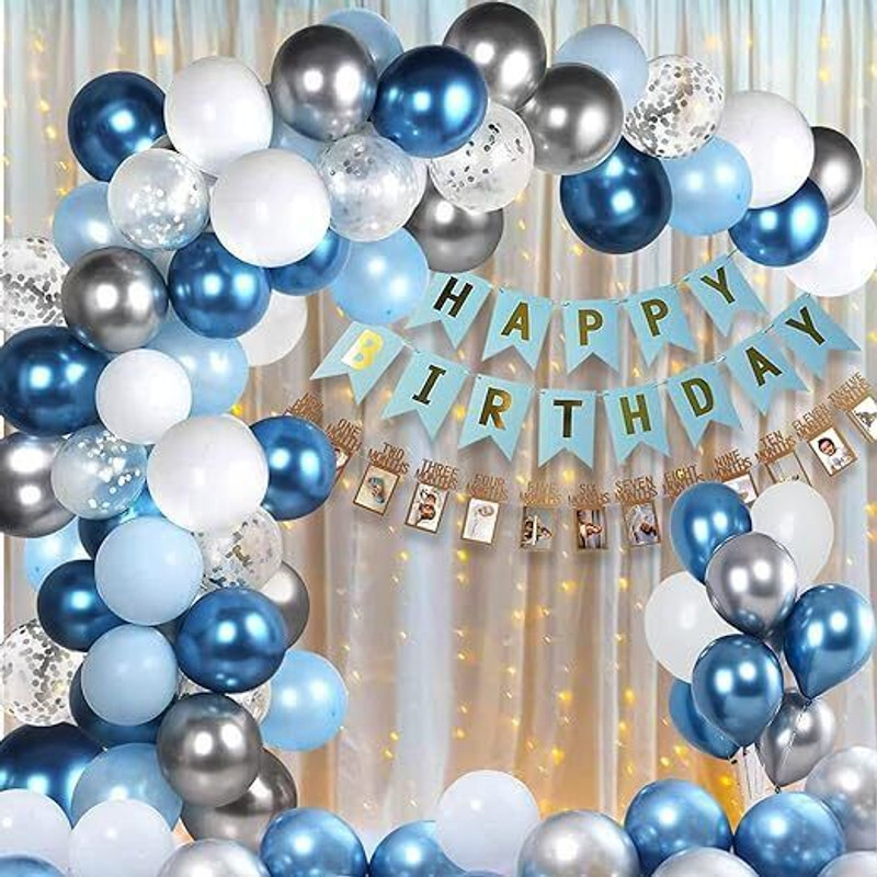 PARTY MIDLINKERZ Solid Boys Blue Birthday Kit with White Net Curtain Cloth & LED Lights 54 Pcs Combo Balloon(Multicolor, Pack of 54)