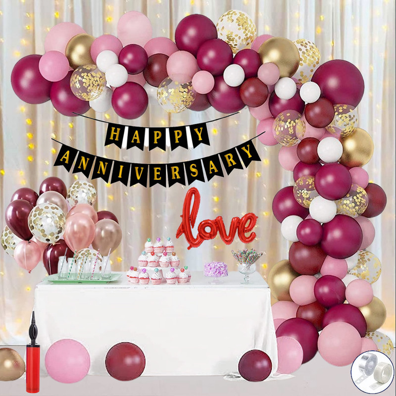 ANILOONS Florid Anniversary Decoration Kit -Burgundy White & Pink Pastel For Celebration(Set of 75)