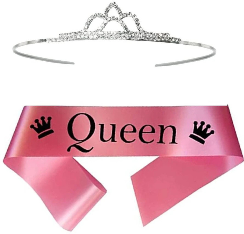 Decofy Queen Birthday Sash For Girls With Rhinestone Crown Tiara Set & Pin(Set of 2)