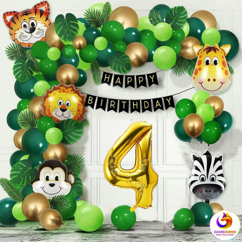 ZAMBOOREE Jungle Theme Happy Birthday Decoration Kit Happy Birthday 4 Year Decoration kit(Set of 60)