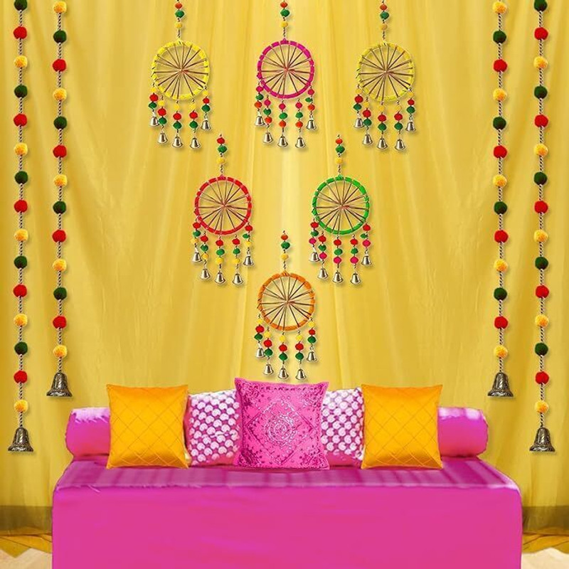 PARTY MIDLINKERZ Haldi Decoration Kit for Marriage-18pcs Pom Pom Hangings for Backdrop Decoration(Set of 178)